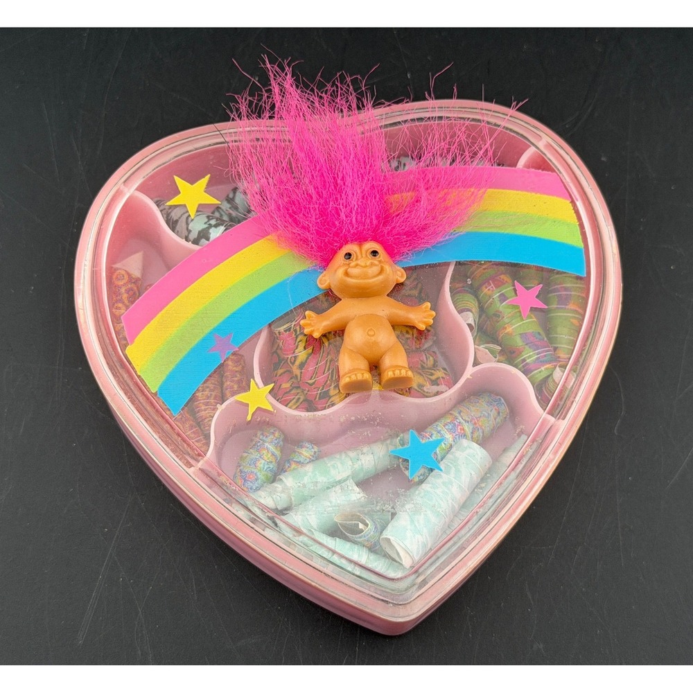 Vintage Russ Berrie Troll Heart-Bead Kit, Pink Case, Rainbow Star, Paper Beads